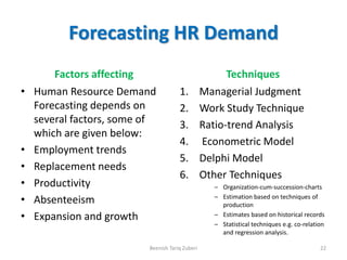 Forecasting HR Demand
Factors affecting
• Human Resource Demand
Forecasting depends on
several factors, some of
which are given below:
• Employment trends
• Replacement needs
• Productivity
• Absenteeism
• Expansion and growth
Techniques
1. Managerial Judgment
2. Work Study Technique
3. Ratio-trend Analysis
4. Econometric Model
5. Delphi Model
6. Other Techniques
– Organization-cum-succession-charts
– Estimation based on techniques of
production
– Estimates based on historical records
– Statistical techniques e.g. co-relation
and regression analysis.
Beenish Tariq Zuberi 22
 