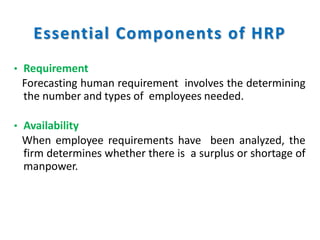 Essential Components of HRP
• Requirement
Forecasting human requirement involves the determining
the number and types of employees needed.
• Availability
When employee requirements have been analyzed, the
firm determines whether there is a surplus or shortage of
manpower.
 