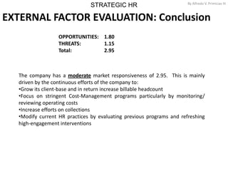 STRATEGIC HR By Alfredo V. Primicias III
11
EXTERNAL FACTOR EVALUATION: Conclusion
The company has a moderate market responsiveness of 2.95. This is mainly
driven by the continuous efforts of the company to:
•Grow its client-base and in return increase billable headcount
•Focus on stringent Cost-Management programs particularly by monitoring/
reviewing operating costs
•Increase efforts on collections
•Modify current HR practices by evaluating previous programs and refreshing
high-engagement interventions
OPPORTUNITIES: 1.80
THREATS: 1.15
Total: 2.95
 