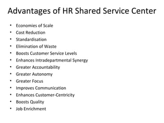 Advantages of HR Shared Service Center
• Economies of Scale
• Cost Reduction
• Standardisation
• Elimination of Waste
• Boosts Customer Service Levels
• Enhances Intradepartmental Synergy
• Greater Accountability
• Greater Autonomy
• Greater Focus
• Improves Communication
• Enhances Customer-Centricity
• Boosts Quality
• Job Enrichment
 