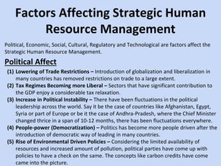 Factors Affecting Strategic Human
Resource Management
Political, Economic, Social, Cultural, Regulatory and Technological are factors affect the
Strategic Human Resource Management.
Political Affect
(1) Lowering of Trade Restrictions – Introduction of globalization and liberalization in
many countries has removed restrictions on trade to a large extent.
(2) Tax Regimes Becoming more Liberal – Sectors that have significant contribution to
the GDP enjoy a considerable tax relaxation.
(3) Increase in Political Instability – There have been fluctuations in the political
leadership across the world. Say it be the case of countries like Afghanistan, Egypt,
Syria or part of Europe or be it the case of Andhra-Pradesh, where the Chief Minister
changed thrice in a span of 10-12 months, there has been fluctuations everywhere.
(4) People-power (Democratization) – Politics has become more people driven after the
introduction of democratic way of leading in many countries.
(5) Rise of Environmental Driven Policies – Considering the limited availability of
resources and increased amount of pollution, political parties have come up with
policies to have a check on the same. The concepts like carbon credits have come
came into the picture.
 