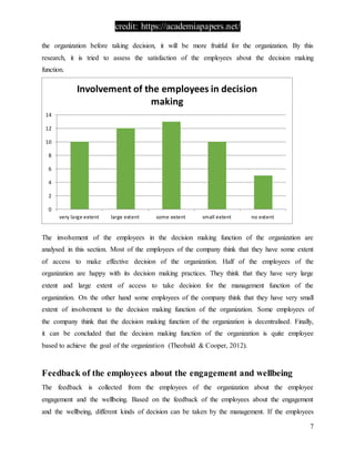 credit: https://academiapapers.net/
7
the organization before taking decision, it will be more fruitful for the organization. By this
research, it is tried to assess the satisfaction of the employees about the decision making
function.
The involvement of the employees in the decision making function of the organization are
analysed in this section. Most of the employees of the company think that they have some extent
of access to make effective decision of the organization. Half of the employees of the
organization are happy with its decision making practices. They think that they have very large
extent and large extent of access to take decision for the management function of the
organization. On the other hand some employees of the company think that they have very small
extent of involvement to the decision making function of the organization. Some employees of
the company think that the decision making function of the organization is decentralised. Finally,
it can be concluded that the decision making function of the organization is quite employee
based to achieve the goal of the organization (Theobald & Cooper, 2012).
Feedback of the employees about the engagement and wellbeing
The feedback is collected from the employees of the organization about the employee
engagement and the wellbeing. Based on the feedback of the employees about the engagement
and the wellbeing, different kinds of decision can be taken by the management. If the employees
0
2
4
6
8
10
12
14
very large extent large extent some extent small extent no extent
Involvement of the employees in decision
making
 