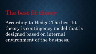 The best fit theory
According to Hedge; The best fit
theory is contingency model that is
designed based on internal
environment of the business.
 