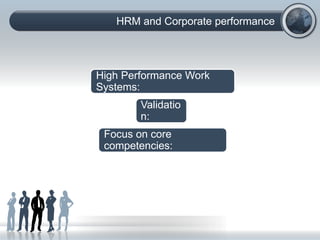 HRM and Corporate performance
High Performance Work
Systems:
Validatio
n:
Focus on core
competencies:
 