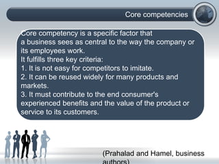 Core competencies
Core competency is a specific factor that
a business sees as central to the way the company or
its employees work.
It fulfills three key criteria:
1. It is not easy for competitors to imitate.
2. It can be reused widely for many products and
markets.
3. It must contribute to the end consumer's
experienced benefits and the value of the product or
service to its customers.
(Prahalad and Hamel, business
 
