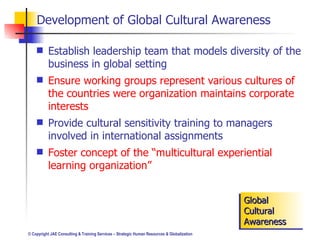 Development of Global Cultural Awareness Establish leadership team that models diversity of the business in global setting Ensure working groups represent various cultures of the countries were organization maintains corporate interests Provide cultural sensitivity training to managers involved in international assignments Foster concept of the “multicultural experiential learning organization” Global Cultural Awareness 