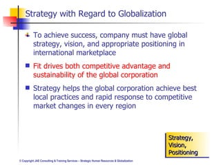 Strategy with Regard to Globalization To achieve success, company must have global strategy, vision, and appropriate positioning in international marketplace Fit drives both competitive advantage and sustainability of the global corporation Strategy helps the global corporation achieve best local practices and rapid response to competitive market changes in every region Strategy, Vision, Positioning 