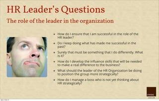 creative HRM
HR Leader’s Questions
The role of the leader in the organization
๏ How do I ensure that I am successful in the role of the
HR leader?
๏ Do I keep doing what has made me successful in the
past?
๏ Surely that must be something that I do diﬀerently. What
is it?
๏ How do I develop the inﬂuence skills that will be needed
to make a real diﬀerence to the business?
๏ What should the leader of the HR Organization be doing
to position the group more strategically?
๏ How do I manage a boss who is not yet thinking about
HR strategically?
úterý, 8. října 13
 