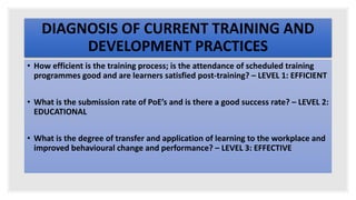 DIAGNOSIS OF CURRENT TRAINING AND
DEVELOPMENT PRACTICES
• How efficient is the training process; is the attendance of scheduled training
programmes good and are learners satisfied post-training? – LEVEL 1: EFFICIENT
• What is the submission rate of PoE’s and is there a good success rate? – LEVEL 2:
EDUCATIONAL
• What is the degree of transfer and application of learning to the workplace and
improved behavioural change and performance? – LEVEL 3: EFFECTIVE
 