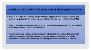 DIAGNOSIS OF CURRENT TRAINING AND DEVELOPMENT PRACTICES
• What is the impact of training programmes on organizational business results and
metrics e.g. productivity; competence; customer service etc. – LEVEL 4: VALUABLE
• What is the Return-on-Investment (ROI) of the training programmes? Do the benefits
exceed the costs? – LEVEL 5: ECONOMICAL
• To what extent do training programmes directly contribute to the achievement of
strategic objectives; drive innovation; generate business solutions and create
sustainable competitive advantages for the organization? – LEVEL 6: STRATEGIC
 