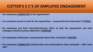 COTTER’S 5 C’S OF EMPLOYEE ENGAGEMENT
• Are employees COMMITTED to the organization?
• Are employees proud to work for the organization – company/brand ambassadors? CITIZEN
• Do employees put forth extra/discretionary effort to help the organization and their
colleagues achieve business objectives? COMRADE
• Are employees enthusiastic and passionate about their work/jobs? CREATOR
• Are employees CONNECTED (intellectually and emotionally) to their work/jobs – offer value
add?
 