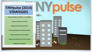 TINYpulse (2014)
STRATEGIES
• Showing employee appreciation and recognition
• Fostering a positive work culture
• Mapping professional growth plans
• Recruiting collegial, hard-working colleagues
• Hiring managers that are truly leaders
• Empowering employees with tools to succeed
• Enabling peer recognition
 