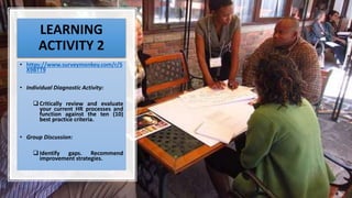 LEARNING
ACTIVITY 2
• https://www.surveymonkey.com/r/5
X9BTT9
• Individual Diagnostic Activity:
 Critically review and evaluate
your current HR processes and
function against the ten (10)
best practice criteria.
• Group Discussion:
 Identify gaps. Recommend
improvement strategies.
 