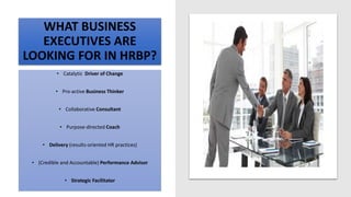 WHAT BUSINESS
EXECUTIVES ARE
LOOKING FOR IN HRBP?
• Catalytic Driver of Change
• Pro-active Business Thinker
• Collaborative Consultant
• Purpose-directed Coach
• Delivery (results-oriented HR practices)
• (Credible and Accountable) Performance Advisor
• Strategic Facilitator
 