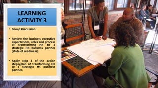 LEARNING
ACTIVITY 3
• Group Discussion:
• Review the business executive
expectations, roles and process
of transforming HR to a
strategic HR business partner
(state of readiness).
• Apply step 3 of the action
steps/plan of transforming HR
to a strategic HR business
partner.
 