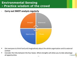 15
- Carry out SWOT analysis regularly
 Get everyone to think hard and imaginatively about the whole organisation and its...