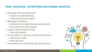 36© 2016 IDERA, Inc. All rights reserved. Proprietary and confidential. 36© 2019 IDERA, Inc. All rights reserved.
FINAL THOUGHTS: ENTERPRISE DATA MODEL BENEFITS
▪ Strategic business alignment
• Improved understanding
• Improved communication
▪ Manages complexity
• Context for all organizational data assets
• Consistency for data assets
▪ Lower implementation costs
• Reduced rework
▪ A framework for service oriented architecture
• Canonical model
• Data Services
▪ A foundation for enterprise data governance
 