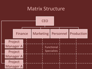 Matrix Structure
CEO
Finance Marketing Personnel Production
Project
Manager A
Project
Manager A
Project
Manager A
Functional
Specialists
 