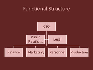 Functional Structure
CEO
Finance Marketing Personnel Production
Public
Relations
Legal
 
