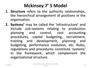 Mckinsey 7’ S Model
1. Structure refers to the authority relationships,
the hierarchical arrangement of positions in the
organization.
2. Systems’ may be called the ‘infrastructure’ and
include sub-systems relating to production
planning and control, cost accounting
procedures, capital budgeting, recruitment,
training and development, planning and
budgeting, performance evolution, etc. Rules,
regulations and procedures constitute ‘systems’
in the framework, which complement the
organizational structure.
4/1/2020
Jitendra Patel, Assistant Professor, PIMR,
Indore
28
 