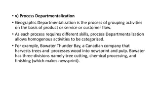 • v) Process Departmentalization
• Geographic Departmentalization is the process of grouping activities
on the basis of product or service or customer flow.
• As each process requires different skills, process Departmentalization
allows homogenous activities to be categorized.
• For example, Bowater Thunder Bay, a Canadian company that
harvests trees and processes wood into newsprint and pulp. Bowater
has three divisions namely tree cutting, chemical processing, and
finishing (which makes newsprint).
 