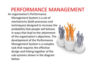 PERFORMANCE MANAGEMENT
An organization's Performance
  Management System is a set of
  mechanisms (both processes and
  techniques) designed to increase the
  probability that people will behave
  in ways that lead to the attainment
  of the organization's objectives. The
  development of the Performance
  Management System is a complex
  task that requires the effective
  design and linking together of the
  sub-systems shown in the diagram
  below:
 