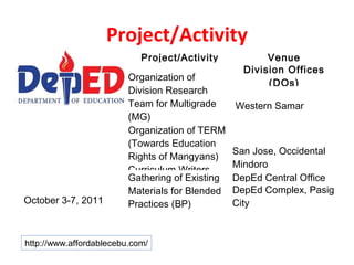 Project/Activity
         Date               Project/Activity               Venue
                                                      Division Offices
                         Organization of
                                                           (DOs)
                         Division Research
                         Team for Multigrade         Western Samar
                         (MG)                     
                         Organization of TERM
                         (Towards Education
                                                 San Jose, Occidental
                         Rights of Mangyans)
                                                 Mindoro
                         Curriculum Writers
                         Gathering of Existing   DepEd Central Office
                         Materials for Blended   DepEd Complex, Pasig
October 3-7, 2011        Practices (BP)          City



http://www.affordablecebu.com/
 