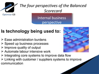 The four perspectives of the Balanced Scorecard Is technology being used to: Ease administration burdens Speed up business processes Improve quality of output Automate labour intensive work Integrating core systems to improve data flow  Linking with customer / suppliers systems to improve communication Optimise- GB Internal business perspective 