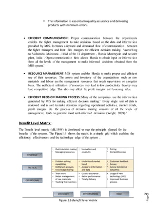 Page8
 The information is essential in quality assurance and delivering
products with minimum errors.
 EFFICIENT COMMUNICATION: Proper communication between the departments
enables the higher management to take decisions based on the data and information
provided by MIS. It creates a upward and download flow of communication between
the higher managers and front –line mangers for efficient decision making. ‘According
to Sudhanshu Maharana , Head of the IT department , Honda Motorcycle and scooter
plant, India ,‘Open communication flow allows Honda to obtain input or information
from all the levels of the management to make informed decisions obtained from the
MIS system.’
 RESOURCE MANAGEMENT: MIS system enables Honda to make proper and efficient
use of their resources. The assets and inventory of the organizations such as raw
materials and labour are the management resources that needs supervision on a regular
basis. The inefficient utilization of resources may lead to low productivity thereby may
lose competitive edge. This also may affect the profit margins and lessening sales.
 EFFICIENT DECISION MAKING PROCESS: Many of the companies use the information
generated by MIS for making efficient decision making.’ Every single unit of data is
reviewed and is used to make decisions regarding operational activities, market trends,
profit margins etc. the process of decision making consists of all the levels of
management, tends to generate most well-informed decisions (Wright, 2009).’
Benefit Level Matrix:
The Benefit level matrix (silk,1988) is developed to map the principle planned for the
benefits of the systems. The Figure1.6 shows the matrix in a simple grid which explains the
efficiency, effectiveness and the technology edge of the system .
Figure 1.6 Benefit level matrix
 