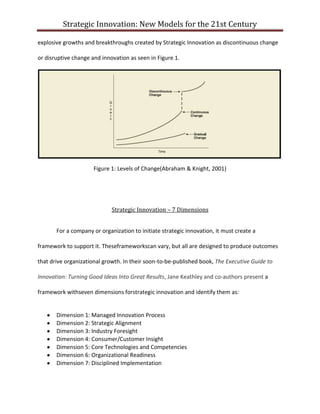 Strategic Innovation: New Models for the 21st Century
explosive growths and breakthroughs created by Strategic Innovation as discontinuous change
or disruptive change and innovation as seen in Figure 1.

Figure 1: Levels of Change(Abraham & Knight, 2001)

Strategic Innovation – 7 Dimensions
For a company or organization to initiate strategic innovation, it must create a
framework to support it. Theseframeworkscan vary, but all are designed to produce outcomes
that drive organizational growth. In their soon-to-be-published book, The Executive Guide to
Innovation: Turning Good Ideas Into Great Results, Jane Keathley and co-authors present a
framework withseven dimensions forstrategic innovation and identify them as:

Dimension 1: Managed Innovation Process
Dimension 2: Strategic Alignment
Dimension 3: Industry Foresight
Dimension 4: Consumer/Customer Insight
Dimension 5: Core Technologies and Competencies
Dimension 6: Organizational Readiness
Dimension 7: Disciplined Implementation

 