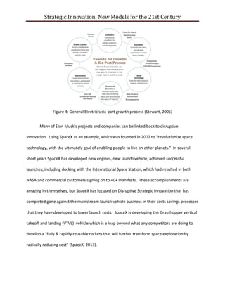 Strategic Innovation: New Models for the 21st Century

Figure 4: General Electric’s six-part growth process (Stewart, 2006)
Many of Elon Musk’s projects and companies can be linked back to disruptive
innovation. Using SpaceX as an example, which was founded in 2002 to “revolutionize space
technology, with the ultimately goal of enabling people to live on other planets.” In several
short years SpaceX has developed new engines, new launch vehicle, achieved successful
launches, including docking with the International Space Station, which had resulted in both
NASA and commercial customers signing on to 40+ manifests. These accomplishments are
amazing in themselves, but SpaceX has focused on Disruptive Strategic Innovation that has
completed gone against the mainstream launch vehicle business in their costs savings processes
that they have developed to lower launch costs. SpaceX is developing the Grasshopper vertical
takeoff and landing (VTVL) vehicle which is a leap beyond what any competitors are doing to
develop a “fully & rapidly reusable rockets that will further transform space exploration by
radically reducing cost” (SpaceX, 2013).

 