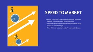 SPEED TO MARKET
Hybrid Application Development streamlines processes,
allowing code deployment across platforms.
Shortened development timelines help businesses adapt
quickly to market changes.
Time efficiency is crucial in today's business landscape.
 