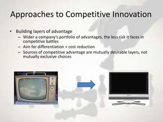 Approaches to Competitive Innovation
• Building layers of advantage
   – Wider a company’s portfolio of advantages, the less risk it faces in
     competitive battles
   – Aim for differentiation + cost reduction
   – Sources of competitive advantage are mutually desirable layers, not
     mutually exclusive choices
 