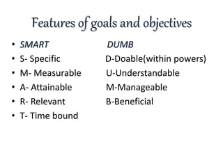 Features of goals and objectives
• SMART DUMB
• S- Specific D-Doable(within powers)
• M- Measurable U-Understandable
• A- Attainable M-Manageable
• R- Relevant B-Beneficial
• T- Time bound
 