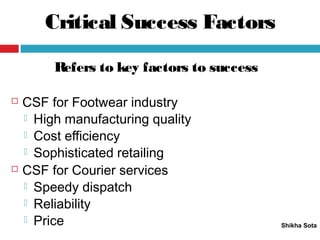 Critical Success Factors
Shikha Sota
Refers to key factors to success
 CSF for Footwear industry
 High manufacturing quality
 Cost efficiency
 Sophisticated retailing
 CSF for Courier services
 Speedy dispatch
 Reliability
 Price
 