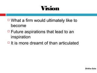 Vision
Shikha Sota
 What a firm would ultimately like to
become
 Future aspirations that lead to an
inspiration
 It is more dreamt of than articulated
 