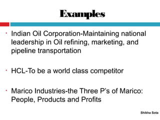 Examples
Shikha Sota
• Indian Oil Corporation-Maintaining national
leadership in Oil refining, marketing, and
pipeline transportation
• HCL-To be a world class competitor
• Marico Industries-the Three P’s of Marico:
People, Products and Profits
 