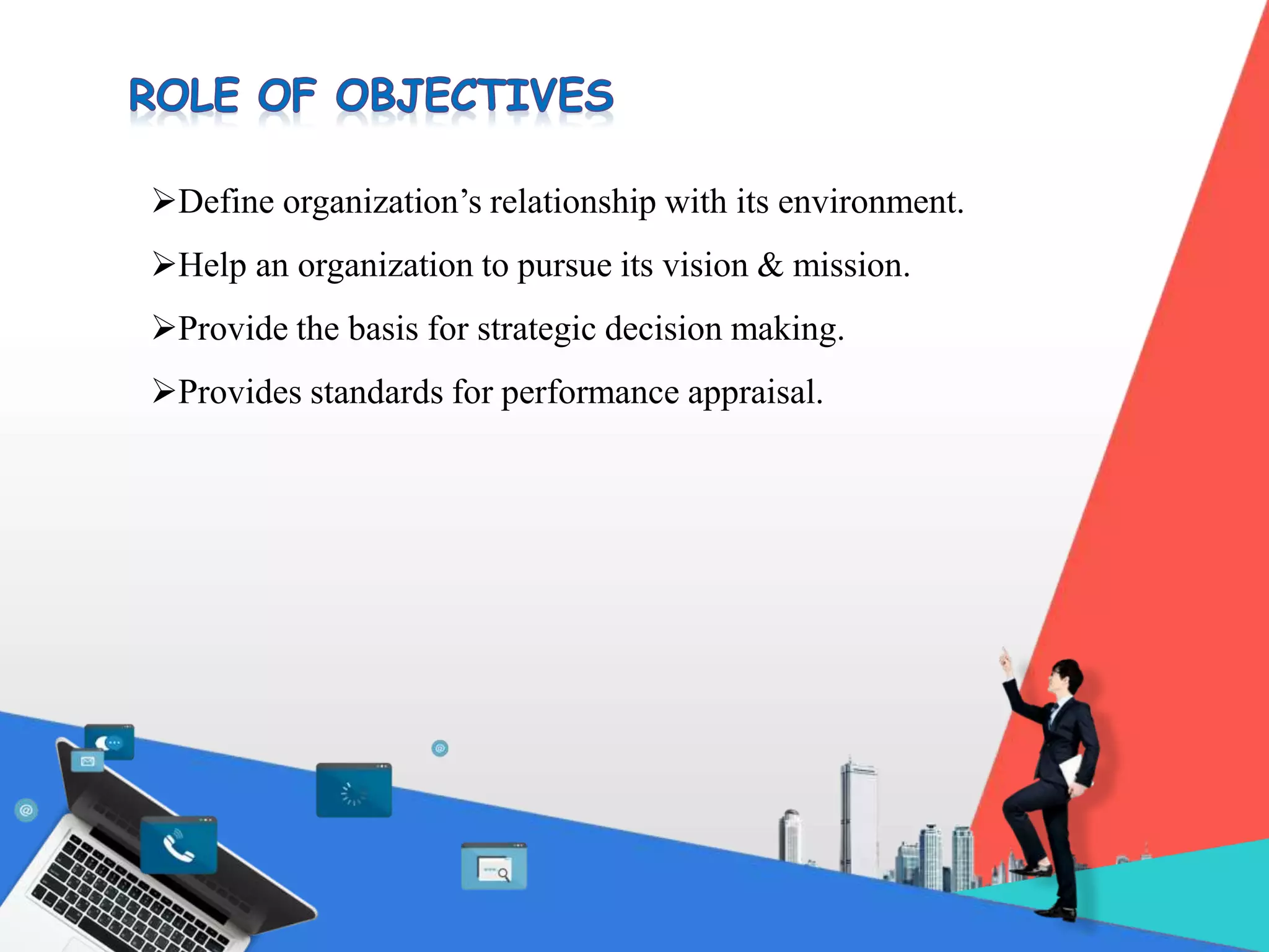 Define organization’s relationship with its environment.
Help an organization to pursue its vision & mission.
Provide the basis for strategic decision making.
Provides standards for performance appraisal.
 