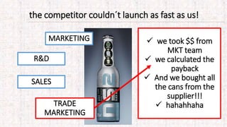 the competitor couldn´t launch as fast as us!
MARKETING
R&D
SALES
TRADE
MARKETING
 we took $$ from
MKT team
 we calculated the
payback
 And we bought all
the cans from the
supplier!!!
 hahahhaha
 
