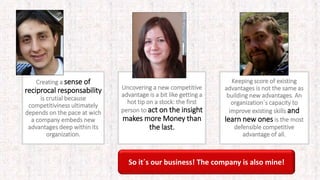 Creating a sense of
reciprocal responsability
is crutial because
competitiviness ultimately
depends on the pace at wich
a company embeds new
advantages deep within its
organization.
Keeping score of existing
advantages is not the same as
building new advantages. An
organization´s capacity to
improve existing skills and
learn new ones is the most
defensible competitive
advantage of all.
Uncovering a new competitive
advantage is a bit like getting a
hot tip on a stock: the first
person to act on the insight
makes more Money than
the last.
So it´s our business! The company is also mine!
 