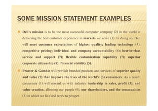 SOME MISSION STATEMENT EXAMPLES
 Dell’s mission is to be the most successful computer company (2) in the world at
 delivering the best customer experience in markets we serve (1). In doing so, Dell
 will meet customer expectations of highest quality; leading technology (4);
 competitive pricing; individual and company accountability (6); best-in-class
 service and support (7); flexible customization capability (7); superior
 corporate citizenship (8); financial stability (5).
 Procter & Gamble will provide branded products and services of superior quality
 and value (7) that improve the lives of the world’s (3) consumers. As a result,
 consumers (1) will reward us with industry leadership in sales, profit (5), and
 value creation, allowing our people (9), our shareholders, and the communities
 (8) in which we live and work to prosper.
 