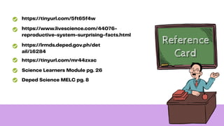 https://tinyurl.com/5ft65f4w
https://www.livescience.com/44076-
reproductive-system-surprising-facts.html
Deped Science MELC pg. 8
Science Learners Module pg. 26
https://lrmds.deped.gov.ph/det
ail/16284
Reference
Reference
Reference
Card
Card
Card
https://tinyurl.com/mr44zxac
 