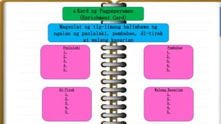 Magsulat ng tig-limang halimbawa ng
ngalan ng panlalaki, pambabae, di-tiyak
at walang kasarian
4. Kard ng Pagpapayaman
(Enrichment Card)
Panlalaki
1.
2.
3.
4.
5.
Pambabae
1.
2.
3.
4.
5.
Di-Tiyak
1.
2.
3.
4.
5.
Walang Kasarian
1.
2.
3.
4.
5.
 