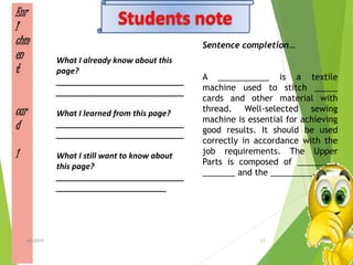 Enr
I
chm
en
t
car
d
1
What I already know about this
page?
_____________________________
_____________________________
What I learned from this page?
_____________________________
_____________________________
What I still want to know about
this page?
_____________________________
_________________________
Sentence completion…
A ___________ is a textile
machine used to stitch _____
cards and other material with
thread. Well-selected sewing
machine is essential for achieving
good results. It should be used
correctly in accordance with the
job requirements. The Upper
Parts is composed of ________,
_______ and the _________.
12ahb2015
 