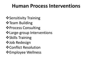 Human Process Interventions
Sensitivity Training
Team Building
Process Consulting
Large-group Interventions
Skills Training
Job Redesign
Conflict Resolution
Employee Wellness
 