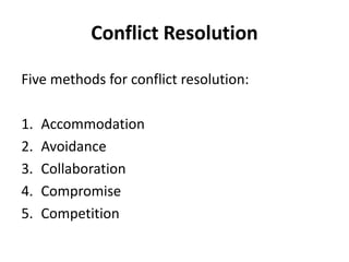 Conflict Resolution
Five methods for conflict resolution:
1. Accommodation
2. Avoidance
3. Collaboration
4. Compromise
5. Competition
 