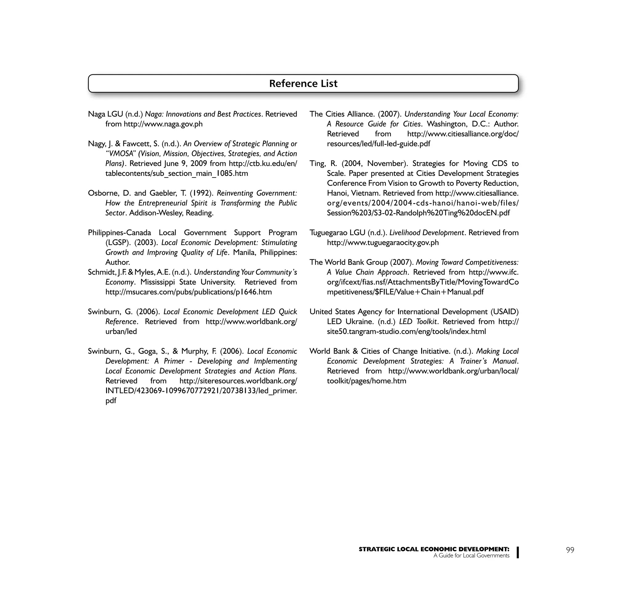 Reference List

Naga LGU (n.d.) Naga: Innovations and Best Practices. Retrieved       The Cities Alliance. (2007). Understanding Your Local Economy:
    from http://www.naga.gov.ph                                           A Resource Guide for Cities. Washington, D.C.: Author.
                                                                          Retrieved       from      http://www.citiesalliance.org/doc/
Nagy, J. & Fawcett, S. (n.d.). An Overview of Strategic Planning or       resources/led/full-led-guide.pdf
    “VMOSA” (Vision, Mission, Objectives, Strategies, and Action
    Plans). Retrieved June 9, 2009 from http://ctb.ku.edu/en/         Ting, R. (2004, November). Strategies for Moving CDS to
    tablecontents/sub_section_main_1085.htm                                Scale. Paper presented at Cities Development Strategies
                                                                           Conference From Vision to Growth to Poverty Reduction,
Osborne, D. and Gaebler, T. (1992). Reinventing Government:                Hanoi, Vietnam. Retrieved from http://www.citiesalliance.
    How the Entrepreneurial Spirit is Transforming the Public              org/events/2004/2004-cds-hanoi/hanoi-web/files/
    Sector. Addison-Wesley, Reading.                                       Session%203/S3-02-Randolph%20Ting%20docEN.pdf

Philippines-Canada Local Government Support Program                   Tuguegarao LGU (n.d.). Livelihood Development. Retrieved from
      (LGSP). (2003). Local Economic Development: Stimulating             http://www.tuguegaraocity.gov.ph
      Growth and Improving Quality of Life. Manila, Philippines:
      Author.                                                         The World Bank Group (2007). Moving Toward Competitiveness:
Schmidt, J.F. & Myles, A.E. (n.d.). Understanding Your Community’s        A Value Chain Approach. Retrieved from http://www.ifc.
      Economy. Mississippi State University. Retrieved from               org/ifcext/fias.nsf/AttachmentsByTitle/MovingTowardCo
      http://msucares.com/pubs/publications/p1646.htm                     mpetitiveness/$FILE/Value+Chain+Manual.pdf

Swinburn, G. (2006). Local Economic Development LED Quick             United States Agency for International Development (USAID)
    Reference. Retrieved from http://www.worldbank.org/                    LED Ukraine. (n.d.) LED Toolkit. Retrieved from http://
    urban/led                                                              site50.tangram-studio.com/eng/tools/index.html

Swinburn, G., Goga, S., & Murphy, F. (2006). Local Economic           World Bank & Cities of Change Initiative. (n.d.). Making Local
    Development: A Primer - Developing and Implementing                   Economic Development Strategies: A Trainer’s Manual.
    Local Economic Development Strategies and Action Plans.               Retrieved from http://www.worldbank.org/urban/local/
    Retrieved    from    http://siteresources.worldbank.org/              toolkit/pages/home.htm
    INTLED/423069-1099670772921/20738133/led_primer.
    pdf




                                                                                     STRATEGIC LOCAL ECONOMIC DEVELOPMENT:               99
                                                                                                        A Guide for Local Governments
 