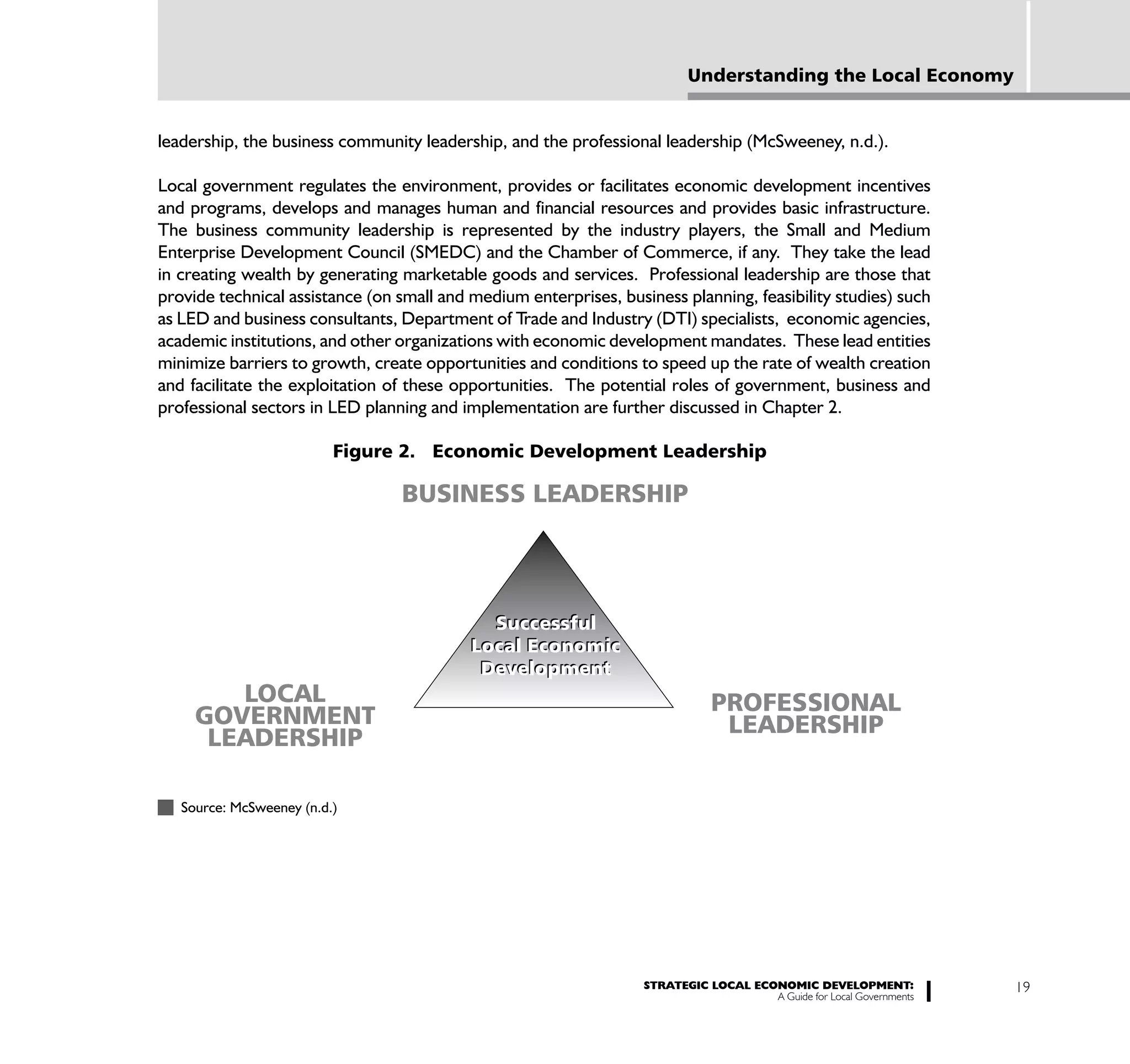 Understanding the Local Economy


leadership, the business community leadership, and the professional leadership (McSweeney, n.d.).

Local government regulates the environment, provides or facilitates economic development incentives
and programs, develops and manages human and financial resources and provides basic infrastructure.
The business community leadership is represented by the industry players, the Small and Medium
Enterprise Development Council (SMEDC) and the Chamber of Commerce, if any. They take the lead
in creating wealth by generating marketable goods and services. Professional leadership are those that
provide technical assistance (on small and medium enterprises, business planning, feasibility studies) such
as LED and business consultants, Department of Trade and Industry (DTI) specialists, economic agencies,
academic institutions, and other organizations with economic development mandates. These lead entities
minimize barriers to growth, create opportunities and conditions to speed up the rate of wealth creation
and facilitate the exploitation of these opportunities. The potential roles of government, business and
professional sectors in LED planning and implementation are further discussed in Chapter 2.

                          Figure 2. Economic Development Leadership

                                 BUSINESS LEADERSHIP




                                             Successful
                                           Local Economic
                                            Development
        LOCAL                                                                 PROFESSIONAL
     GOVERNMENT                                                                LEADERSHIP
      LEADERSHIP

   Source: McSweeney (n.d.)




                                                                   STRATEGIC LOCAL ECONOMIC DEVELOPMENT:              19
                                                                                      A Guide for Local Governments
 