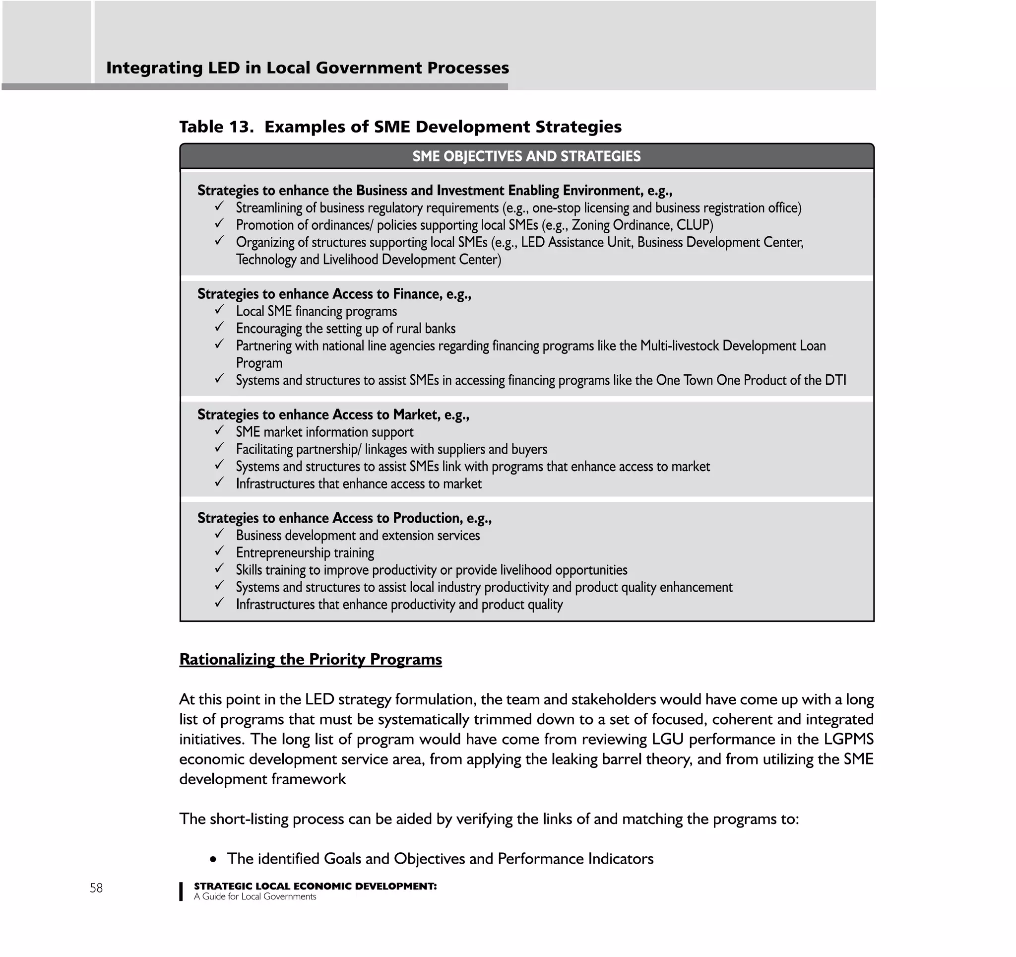 Integrating LED in Local Government Processes


             Table 13. Examples of SME Development Strategies
                                                       SME OBJECTIVES AND STRATEGIES

               Strategies to enhance the Business and Investment Enabling Environment, e.g.,
                     Streamlining of business regulatory requirements (e.g., one-stop licensing and business registration office)
                     Promotion of ordinances/ policies supporting local SMEs (e.g., Zoning Ordinance, CLUP)
                     Organizing of structures supporting local SMEs (e.g., LED Assistance Unit, Business Development Center,
                     Technology and Livelihood Development Center)

               Strategies to enhance Access to Finance, e.g.,
                     Local SME financing programs
                     Encouraging the setting up of rural banks
                     Partnering with national line agencies regarding financing programs like the Multi-livestock Development Loan
                     Program
                     Systems and structures to assist SMEs in accessing financing programs like the One Town One Product of the DTI

               Strategies to enhance Access to Market, e.g.,
                     SME market information support
                     Facilitating partnership/ linkages with suppliers and buyers
                     Systems and structures to assist SMEs link with programs that enhance access to market
                     Infrastructures that enhance access to market

               Strategies to enhance Access to Production, e.g.,
                     Business development and extension services
                     Entrepreneurship training
                     Skills training to improve productivity or provide livelihood opportunities
                     Systems and structures to assist local industry productivity and product quality enhancement
                     Infrastructures that enhance productivity and product quality


             Rationalizing the Priority Programs

             At this point in the LED strategy formulation, the team and stakeholders would have come up with a long
             list of programs that must be systematically trimmed down to a set of focused, coherent and integrated
             initiatives. The long list of program would have come from reviewing LGU performance in the LGPMS
             economic development service area, from applying the leaking barrel theory, and from utilizing the SME
             development framework

             The short-listing process can be aided by verifying the links of and matching the programs to:

                    The identified Goals and Objectives and Performance Indicators
58             STRATEGIC LOCAL ECONOMIC DEVELOPMENT:
               A Guide for Local Governments
 