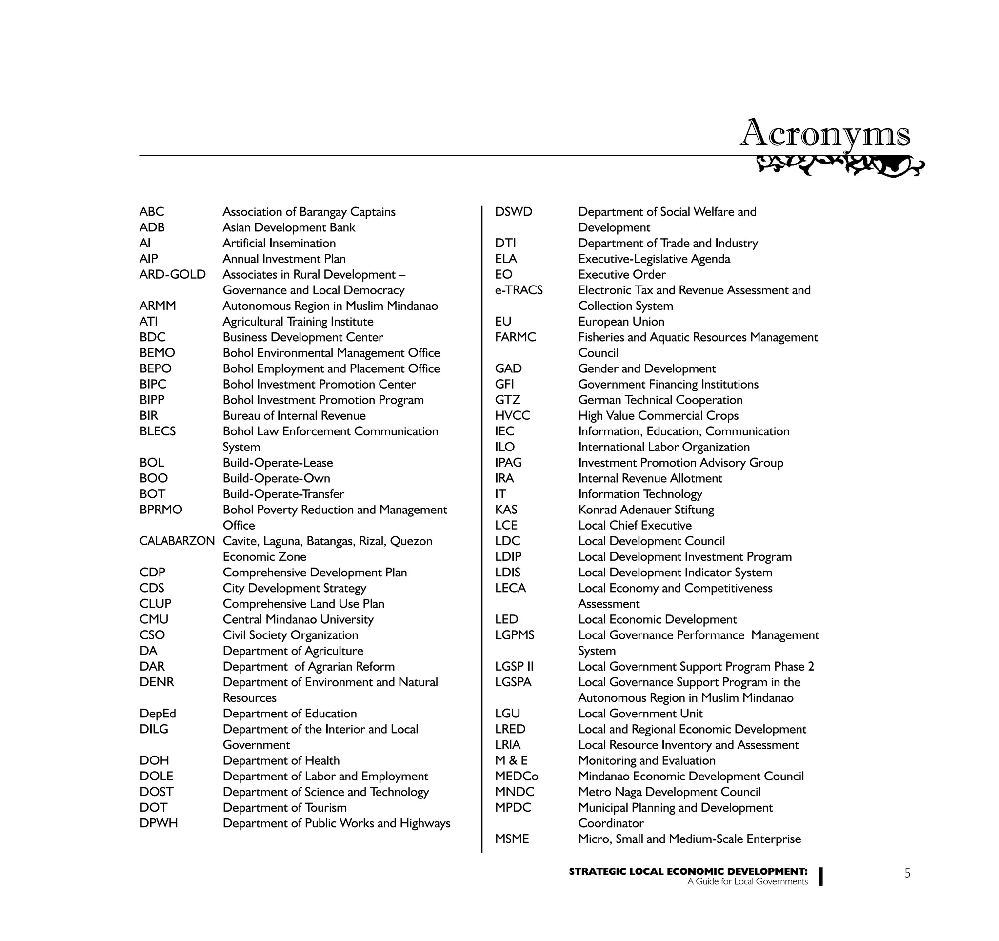 Acronyms
ABC        Association of Barangay Captains          DSWD       Department of Social Welfare and
ADB        Asian Development Bank                               Development
AI         Artificial Insemination                   DTI        Department of Trade and Industry
AIP        Annual Investment Plan                    ELA        Executive-Legislative Agenda
ARD-GOLD   Associates in Rural Development –         EO         Executive Order
           Governance and Local Democracy            e-TRACS    Electronic Tax and Revenue Assessment and
ARMM       Autonomous Region in Muslim Mindanao                 Collection System
ATI        Agricultural Training Institute           EU         European Union
BDC        Business Development Center               FARMC      Fisheries and Aquatic Resources Management
BEMO       Bohol Environmental Management Office                Council
BEPO       Bohol Employment and Placement Office     GAD        Gender and Development
BIPC       Bohol Investment Promotion Center         GFI        Government Financing Institutions
BIPP       Bohol Investment Promotion Program        GTZ        German Technical Cooperation
BIR        Bureau of Internal Revenue                HVCC       High Value Commercial Crops
BLECS      Bohol Law Enforcement Communication       IEC        Information, Education, Communication
           System                                    ILO        International Labor Organization
BOL        Build-Operate-Lease                       IPAG       Investment Promotion Advisory Group
BOO        Build-Operate-Own                         IRA        Internal Revenue Allotment
BOT        Build-Operate-Transfer                    IT         Information Technology
BPRMO      Bohol Poverty Reduction and Management    KAS        Konrad Adenauer Stiftung
           Office                                    LCE        Local Chief Executive
CALABARZON Cavite, Laguna, Batangas, Rizal, Quezon   LDC        Local Development Council
           Economic Zone                             LDIP       Local Development Investment Program
CDP        Comprehensive Development Plan            LDIS       Local Development Indicator System
CDS        City Development Strategy                 LECA       Local Economy and Competitiveness
CLUP       Comprehensive Land Use Plan                          Assessment
CMU        Central Mindanao University               LED        Local Economic Development
CSO        Civil Society Organization                LGPMS      Local Governance Performance Management
DA         Department of Agriculture                            System
DAR        Department of Agrarian Reform             LGSP II    Local Government Support Program Phase 2
DENR       Department of Environment and Natural     LGSPA      Local Governance Support Program in the
           Resources                                            Autonomous Region in Muslim Mindanao
DepEd      Department of Education                   LGU        Local Government Unit
DILG       Department of the Interior and Local      LRED       Local and Regional Economic Development
           Government                                LRIA       Local Resource Inventory and Assessment
DOH        Department of Health                      M&E        Monitoring and Evaluation
DOLE       Department of Labor and Employment        MEDCo      Mindanao Economic Development Council
DOST       Department of Science and Technology      MNDC       Metro Naga Development Council
DOT        Department of Tourism                     MPDC       Municipal Planning and Development
DPWH       Department of Public Works and Highways              Coordinator
                                                     MSME       Micro, Small and Medium-Scale Enterprise

                                                               STRATEGIC LOCAL ECONOMIC DEVELOPMENT:              5
                                                                                  A Guide for Local Governments
 